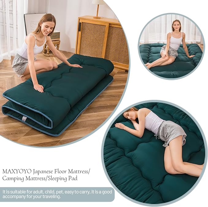MAXYOYO Japanese Floor Mattress Futon Mattress, 4" Thicken Tatami Mat Sleeping Pad Foldable Roll Up Mat Boys Girls Dormitory Pad Kids Floor Lounger Pillow Bed, Charcoal Grey, Queen Size