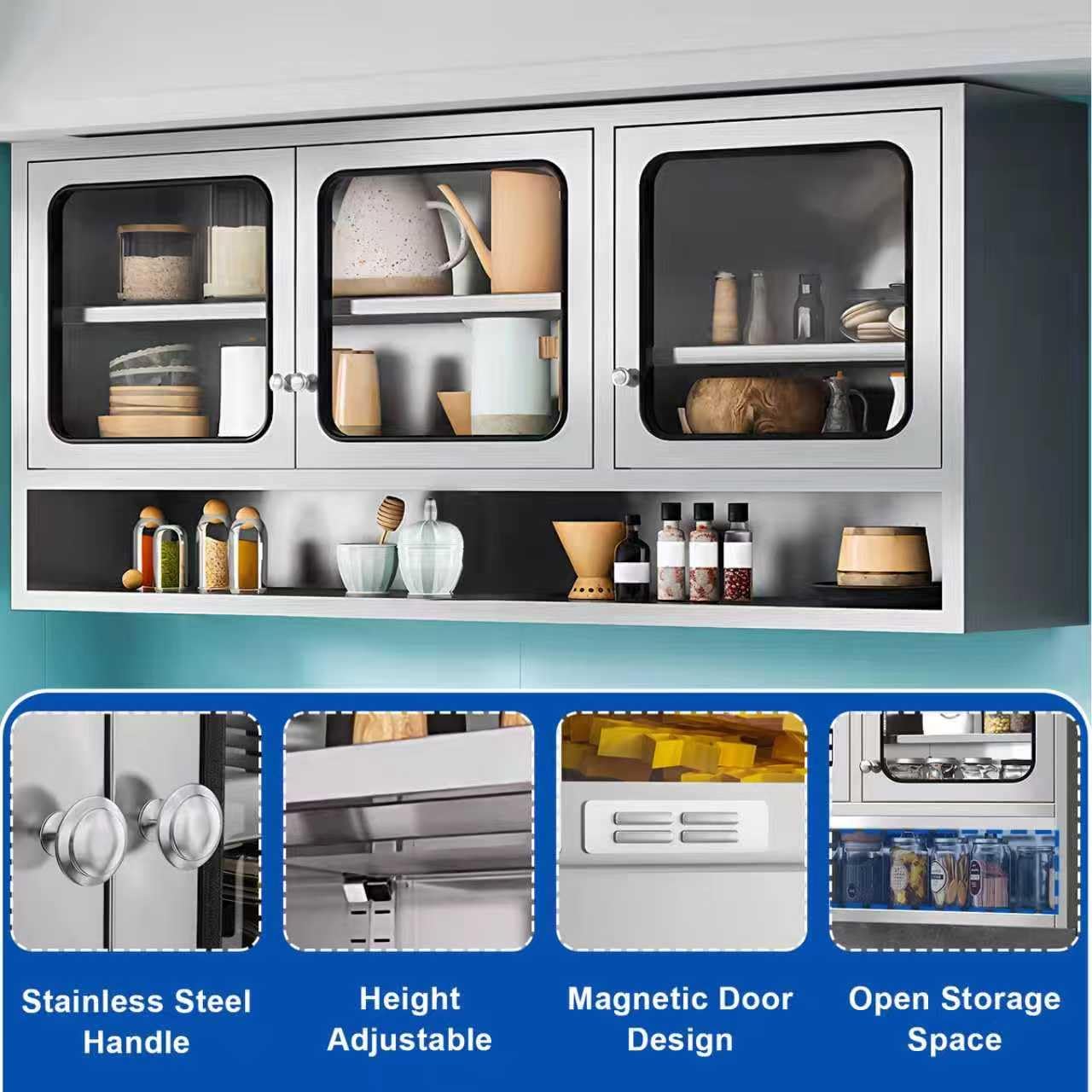 ZZV 59” Kitchen Wall Cabinet, Stainless Steel Wall Mounted Cabinet with Adjustable Shelves, Industrial Wall Storage Cabinet for Garage, Warehouse, No Assembly Required, 11.82D x 59.06W x 27.56H in
