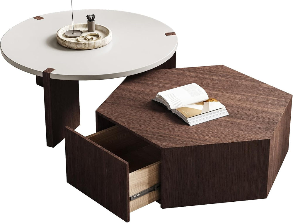 Round Nesting Coffee Table for Living Room, Hexagonal Side Table Set | White ...