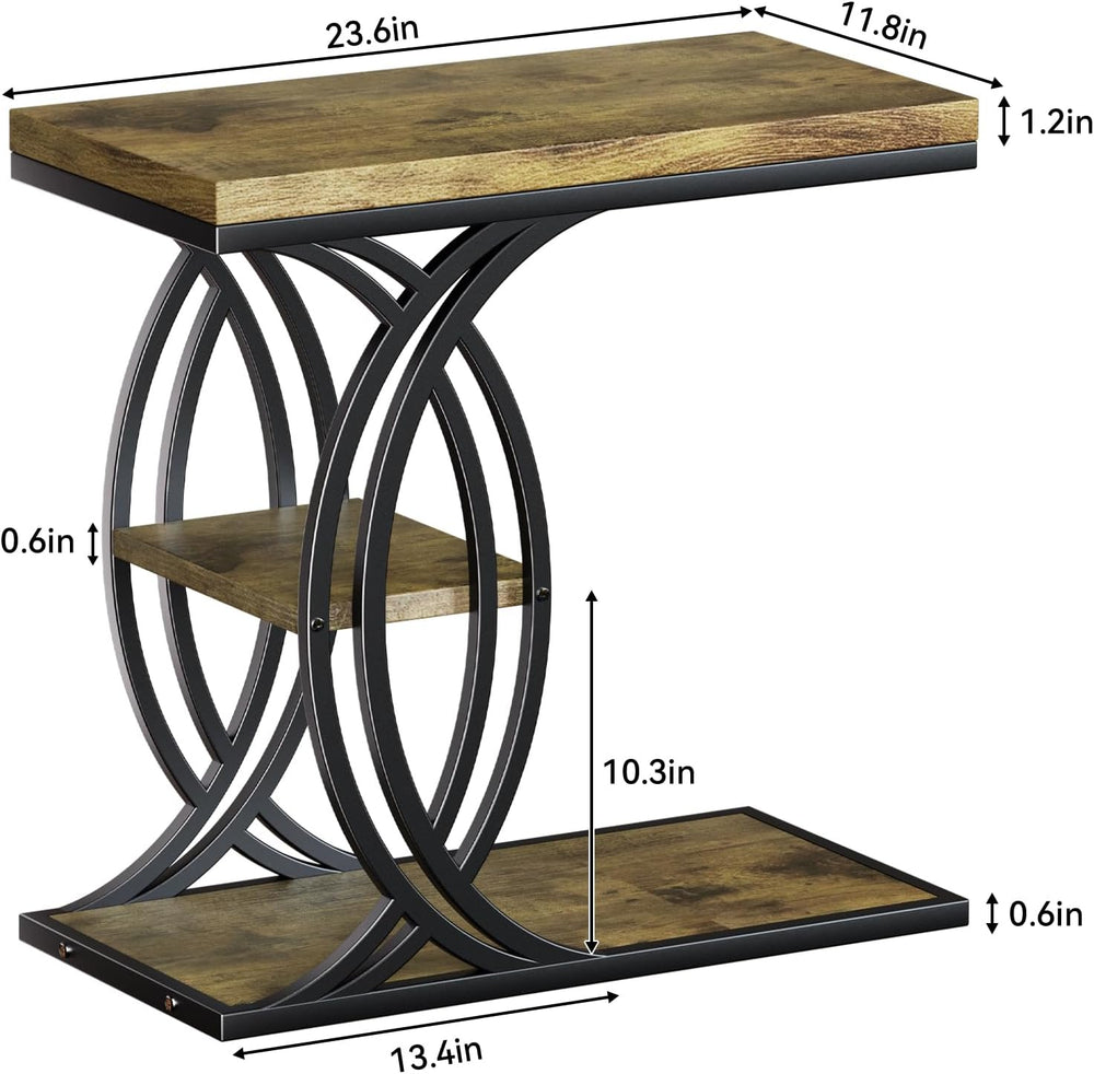 C Shaped End Table, Bed Side Table, 3-Tier Side Table with Metal Frame, Wood ...