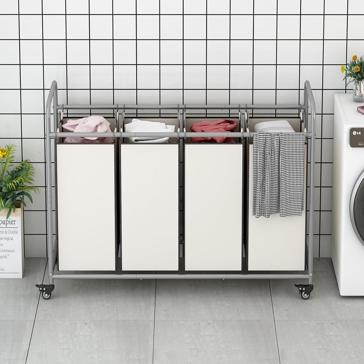Laundry Sorter 4 Section Hamper Sorter with Heavy Duty Lockable Rolling Wheels Removable Bags Basket Separator for Dirty Clothes Storage, Beige