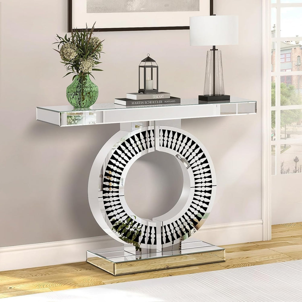 Silver Mirrored Console Table with Crystal Inlay, 39.4'' Long Entrywa...