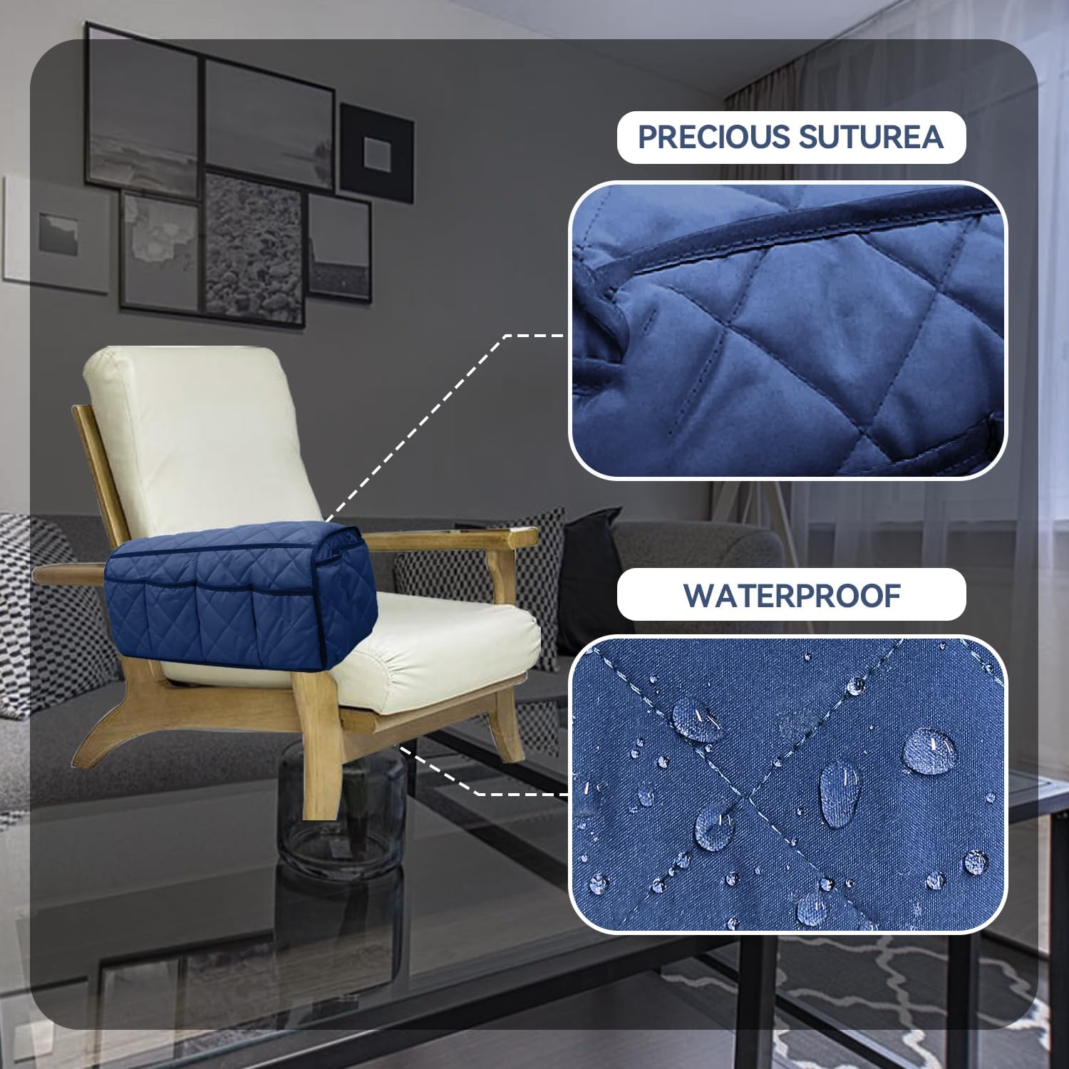 MEHIDFY Armchair Caddy, Waterproof Sofa Armrest Organizer, Non Slip Recliner Organizer, Remote Holder for Recline, Recliner Caddy with 14 Pockets Storage for TV Remote, Phone, Magazine (Blue)