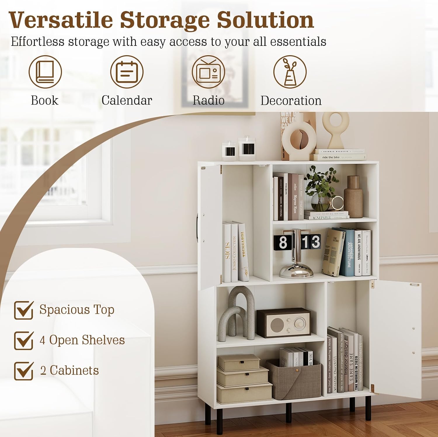 Giantex 47-Inches Storage Cabinet with Doors, Open Shelves, Anti-Tipping Device, 4-Tier Bookcase for Books & Photos, Tall Cupboard, Floor Cabinet for Living Room, Kitchen Buffet Sideboard