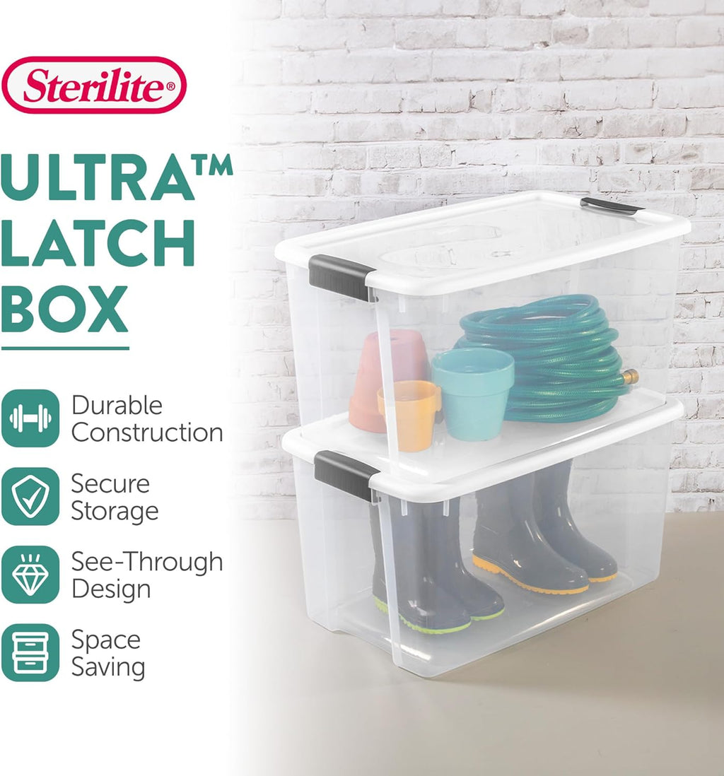 Sterilite 24-Pack Ultra Latching Box, Storage Bins with Lids, Clear Plastic, 70 Quart - Heavy-Duty Organizing Containers for Closet, Bathroom, and Office