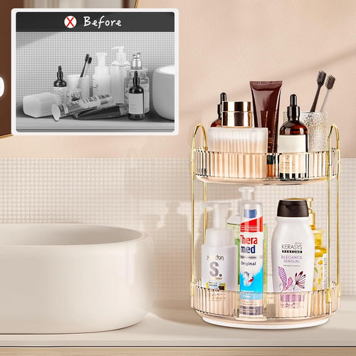 360 Rotating Makeup Organizer - Large Capacity Spinning Perfume & Cosmetic Skincare Holder for Vanity & Countertop (Vibrant Orange, 2 Tier)