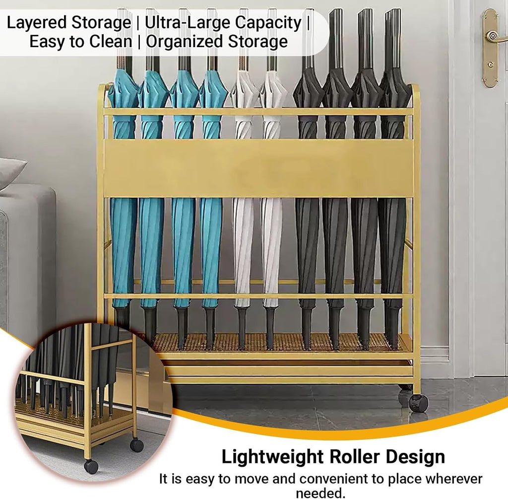 Entryway Movable Commercial Umbrella Stand Large Capacity Metal Umbrellas Holder Heavy Duty Umbrella Frame with Removable Drip Tray & Wheels for Home, Hotel, Office.(Gold,100x20x70CM/39.4x7.9x27.6IN)
