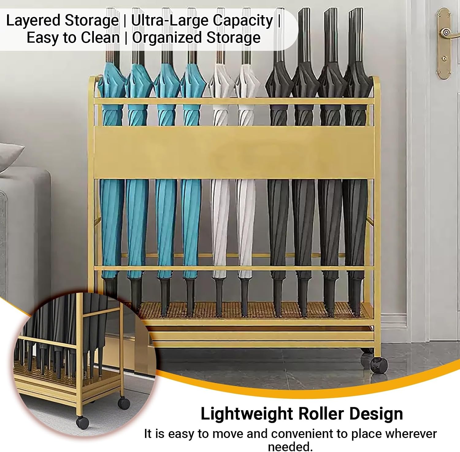 Entryway Movable Commercial Umbrella Stand Large Capacity Metal Umbrellas Holder Heavy Duty Umbrella Frame with Removable Drip Tray & Wheels for Home, Hotel, Office.(Gold,100x20x70CM/39.4x7.9x27.6IN)