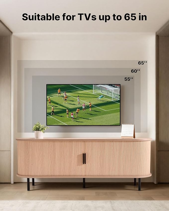 VEVOR Fluted TV Stand for TVs up to 65 inch, Mid-Century Modern Entertainment Center, Media Console with Storage Cabinet and Sliding Tambour Door, Boho Television Stand for Living Room, Bedroom, Oak