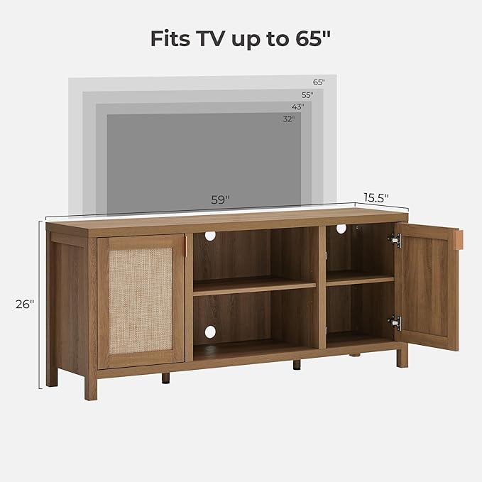 SICOTAS TV Stands for Living Room : Rattan TV Console Cabinet with Storage and Shelf, Boho Entertainment Center, 59" Media Console for 55, 65 Inch TV, 26" Tall Television Stands, Oak