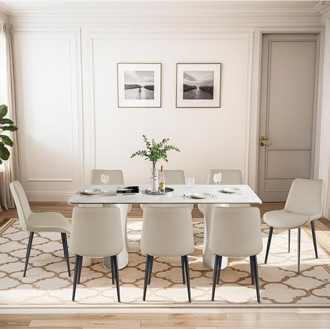 Dining Chairs, Modern PU Leather Dining Room Chair with Sturdy Metal Legs, Upholstered Seat Dinner Chairs Accent Side Chairs for Indoor Kitchen Living Room (Light Grey, Set of 8)