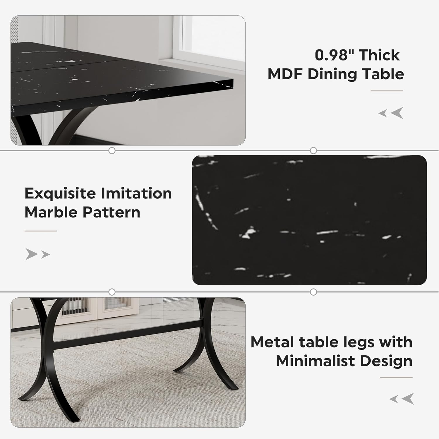 7-Piece Modern Dining Table Set, 63" Rectangular Black Faux Marble Dining Table with Curved Metal Legs and 6 Gray Velvet Upholstered Dining Chairs with Solid Wood Legs, Kitchen Furniture