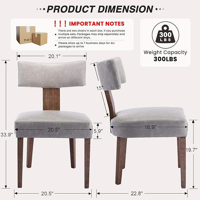 HNY Mid Century Modern Dining Chairs Set of 6, Farmhouse PU Leather Upholstered Accent Chair Curved Backrest Kitchen Chairs, with Hardwood Frame, Grey