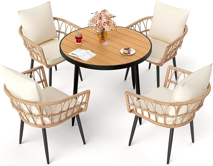 Pamapic 5-Pieces Patio Dining Set with Wood Table Top, All-Weather PE Rattan Patio Furniture Set, Outdoor Dining Furniture with Removable Cushion Chairs & Round Table for Garden Lawn Patio,Cream