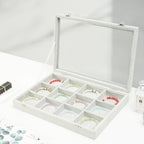 Coward Jewelry Organizer Tray Box, Grey Beige Velvet 12 Grids Bracelet Bangle Necklace Jewelry Display Tray Case with Transparent Glass Lid for Home Desk Drawer or Store Selling Show