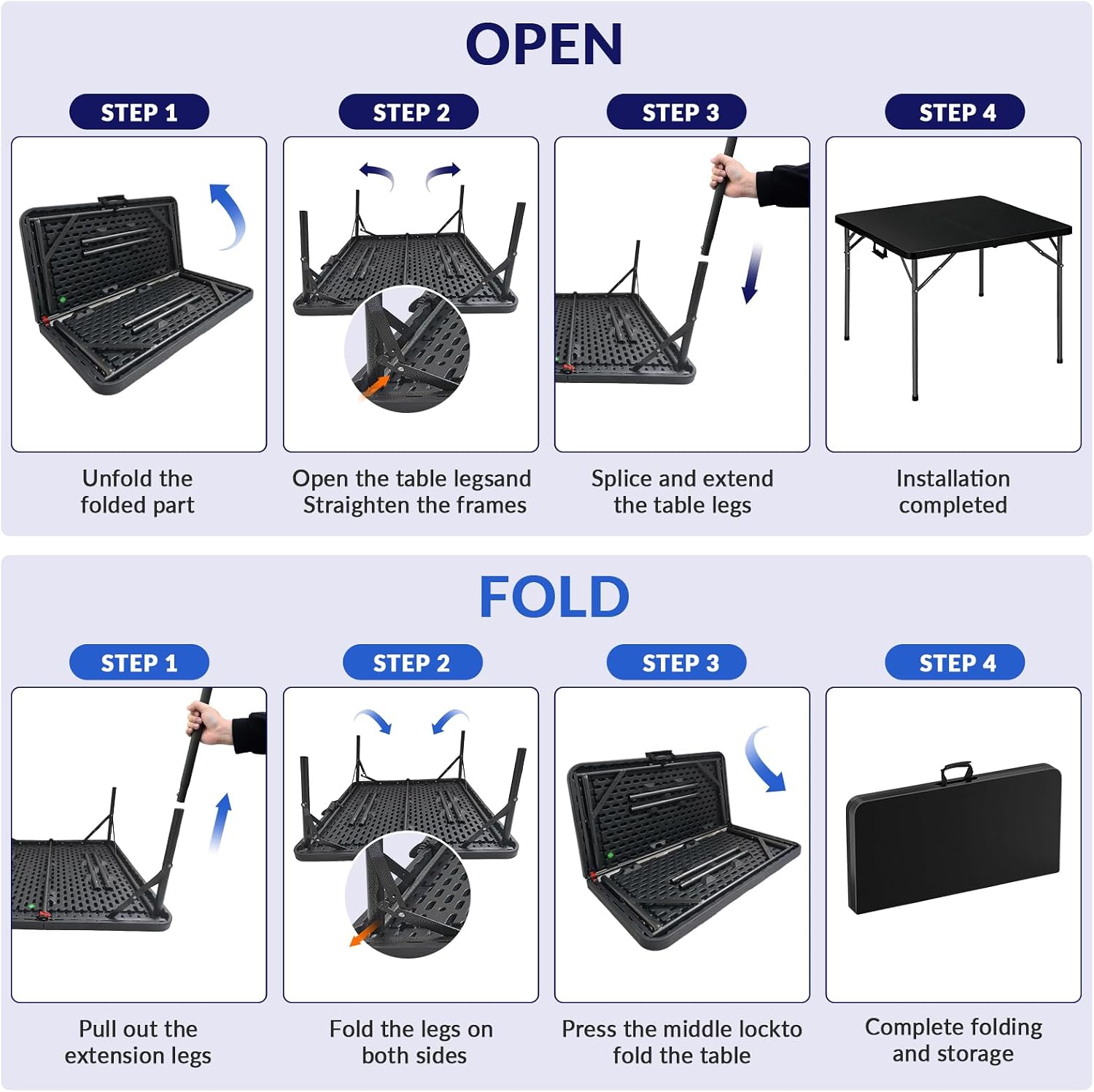 34" Folding Card Table,Square Portable Heavy Duty Plastic Game Table,Black | Portable Desig,Save Space,HDPE Top,Carrying Handle,Removable Legs,Indoor Outdoor Use for Study,Homework,Picnic,Camping, Party