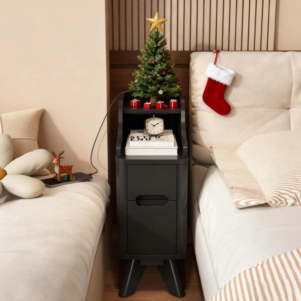 Narrow Nightstand with Drawers, Wood Night Stand with Charger Station, Narrow...
