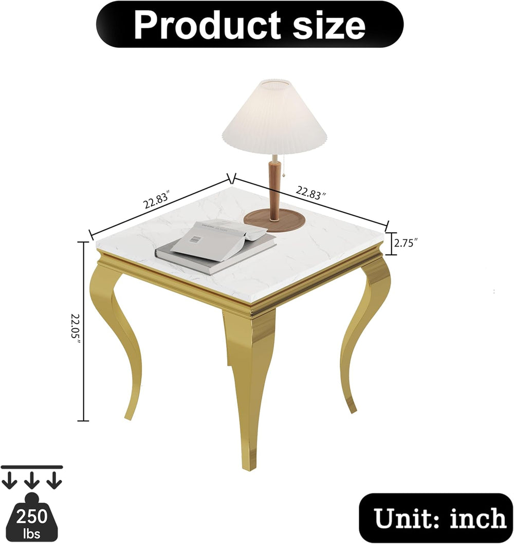 Marble End Table, Modern White Faux Marble Sofa Side Table with Gold Stainles...