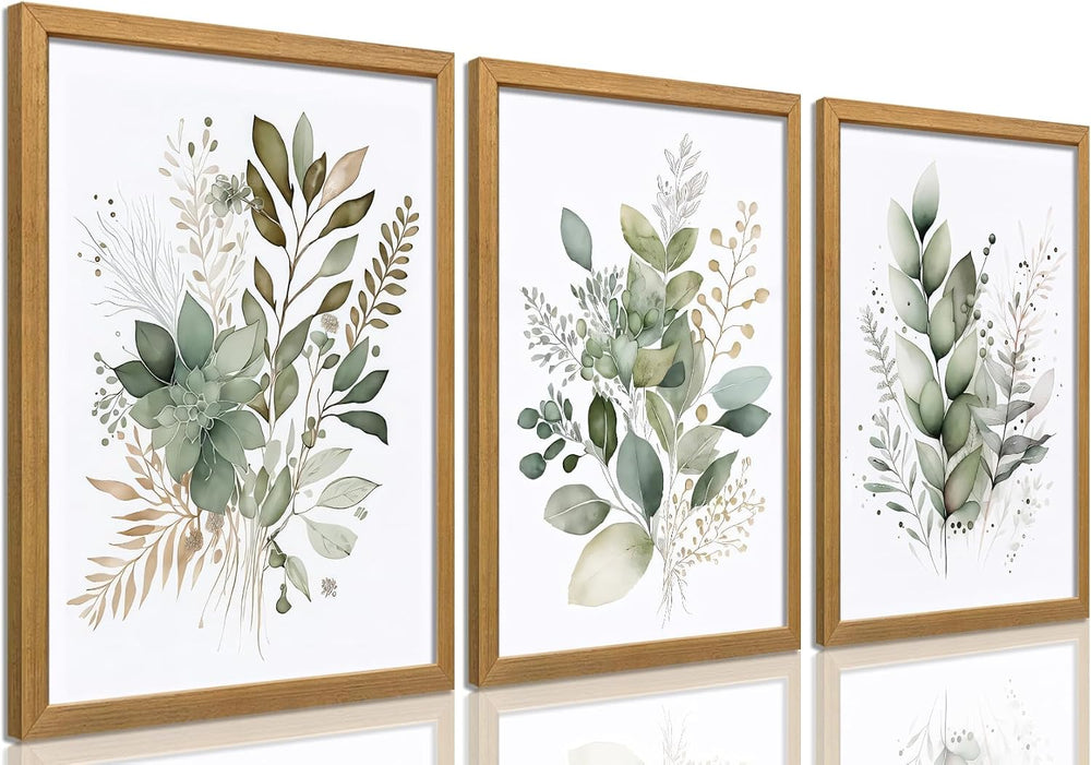 Sage Green Botanical Wall Art Set of 3, Modern Watercolor Eucalyptus Leaf Can...