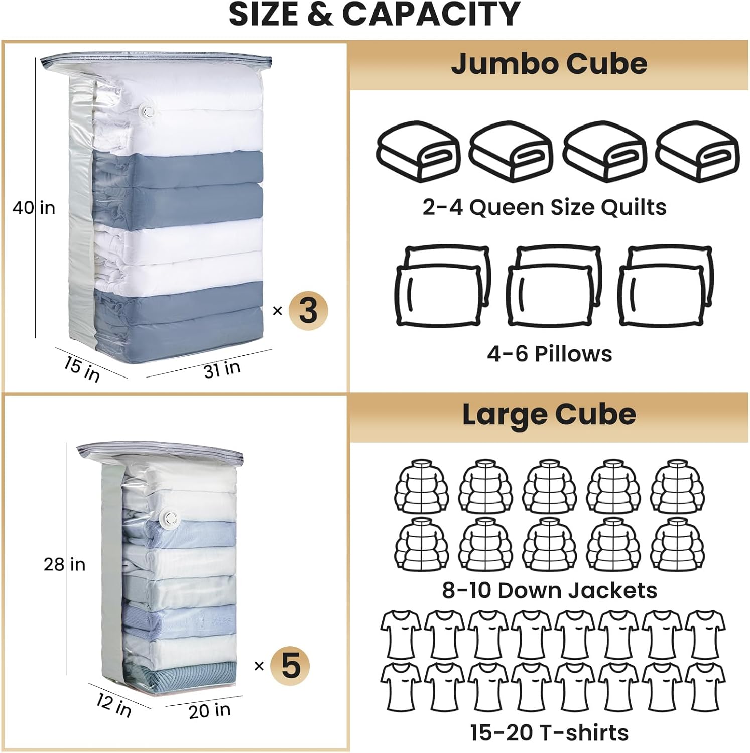 TAILI 8 Pack Vacuum Storage Bags, Cube Space Saver Bags Combo(3 Jumbo +5 Medium), Vacuum Seal Bags for Bedding, Clothing, Comforters, Blankets, Closet Oragnizaer and Space Saving