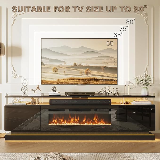 70" Fireplace TV Stand, Modern Entertainment Center for TVs Up to 80”, TV Console with Storage Cabinets, Media Console for Living Room, Glossy Black TV Stand and Black Fireplace