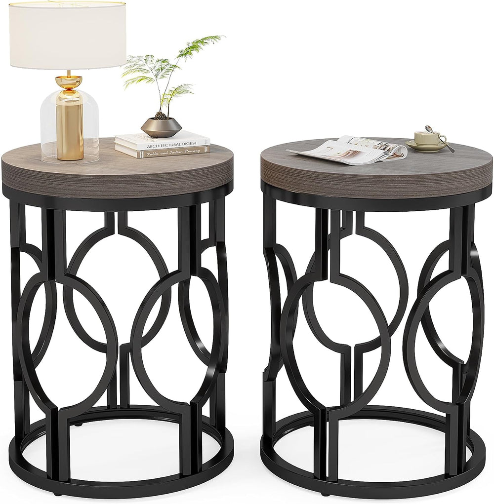 Tribesigns Round End Table Set of 2, Industrial Side Table with Metal Hollow ...