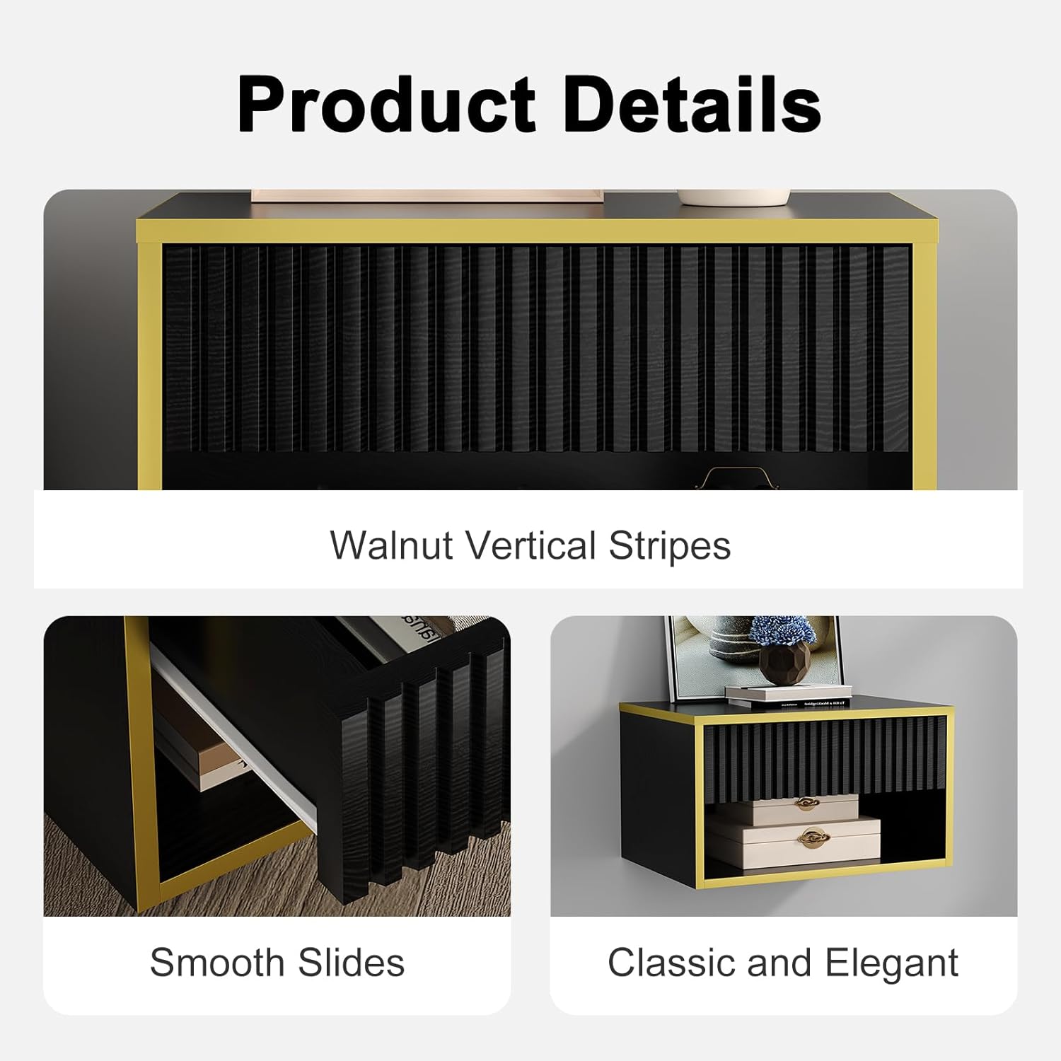 4ever2buy Floating Nightstand Set of 2, Modern Wall Mounted Nightstand with Open Shelf and Fluted Drawer, Black and Gold Night Stand for Bedroom, (Black, 2)