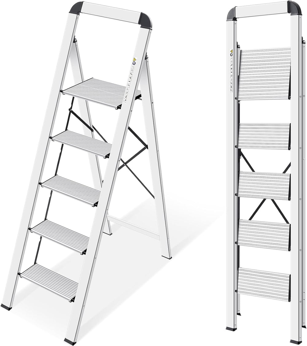KINGRACK Aluminium 5 Step Ladder, Lightweight Step Stool with Non-Skid Pedals...