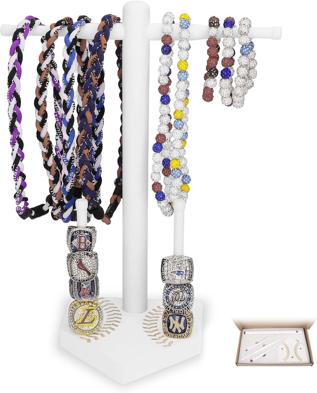 Baseball Ring Display Holder for Championship Rings, Wooden Sports Jewelry Organizer with Bat Stand for Baseball Softball Players, Athlete Gift Display Case for Rings Bracelets Medals, White