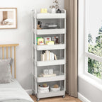 Sywhitta 6-Tier Plastic Rolling Utility Cart with Handle, Multi-Functional Storage Trolley for Office, Living Room, Kitchen, Movable Storage Organizer with Wheels, White