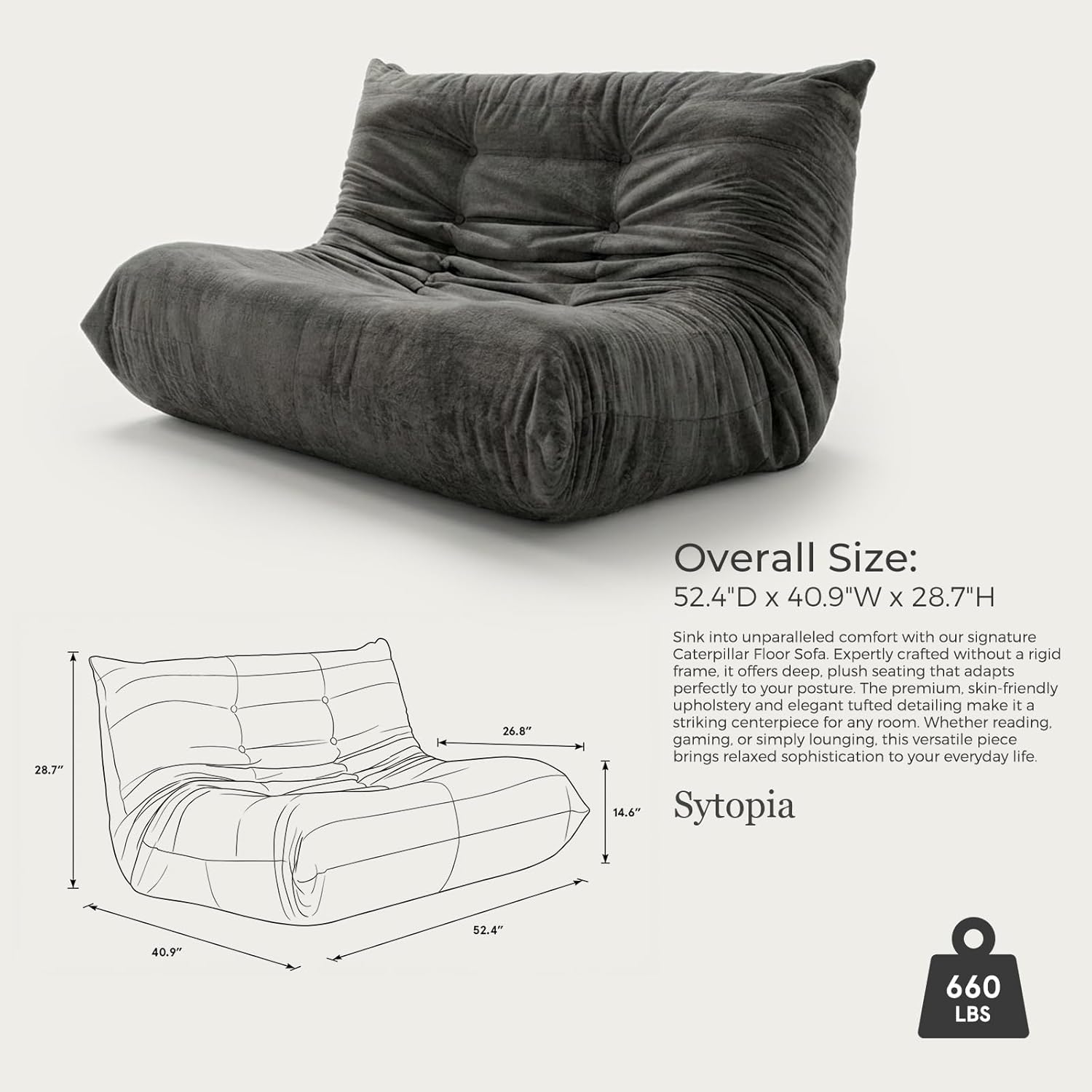 Sytopia Loveseat Chenille Bean Bag Chair for Adults, Oversized 35D Memory Foam Floor Sofa, Giant Deep Seat Gaming Reading Nook, No Assembly Required, Black Onyx