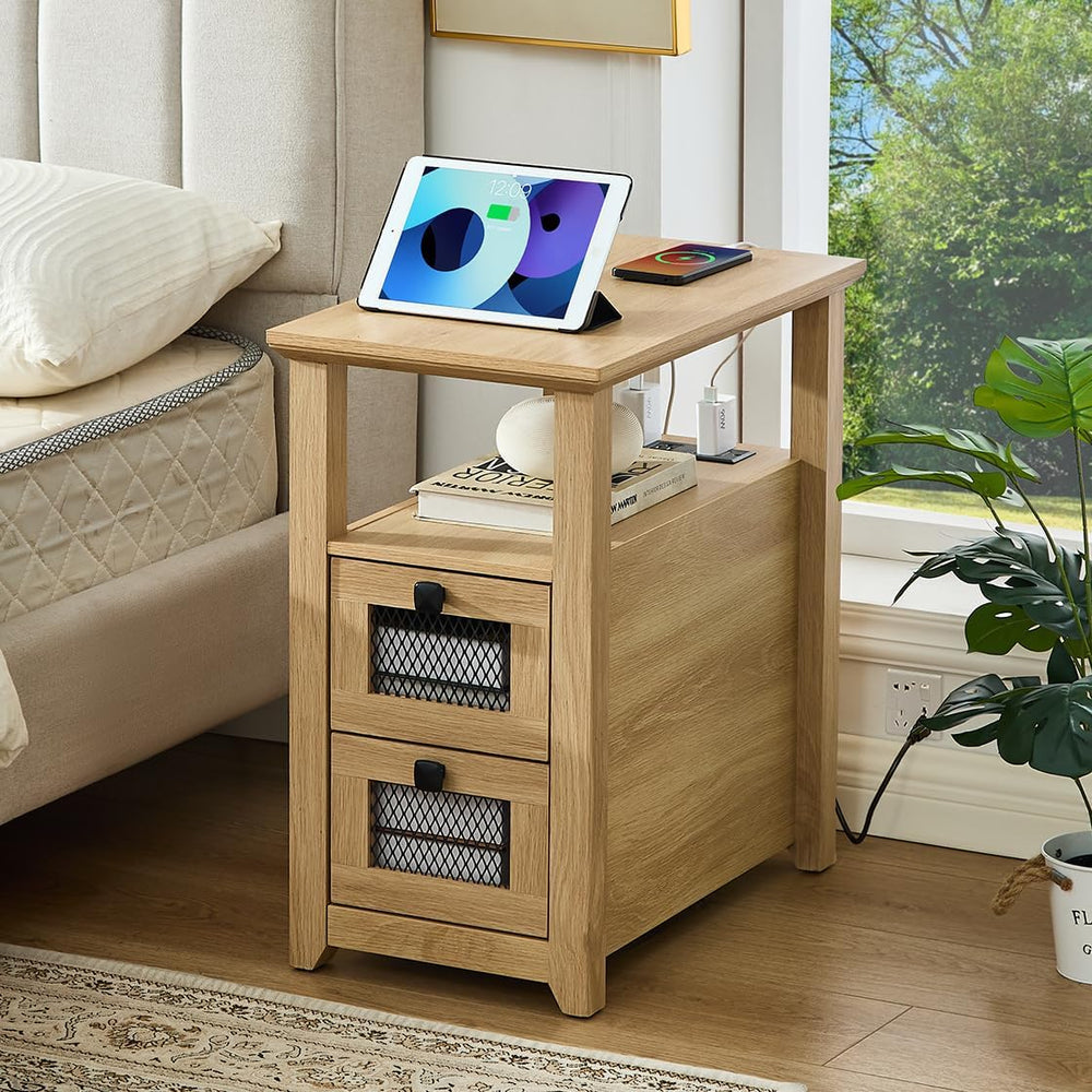 HDDDZSW Farmhouse XXL End Table with Charging Station, Narrow Side Table with...