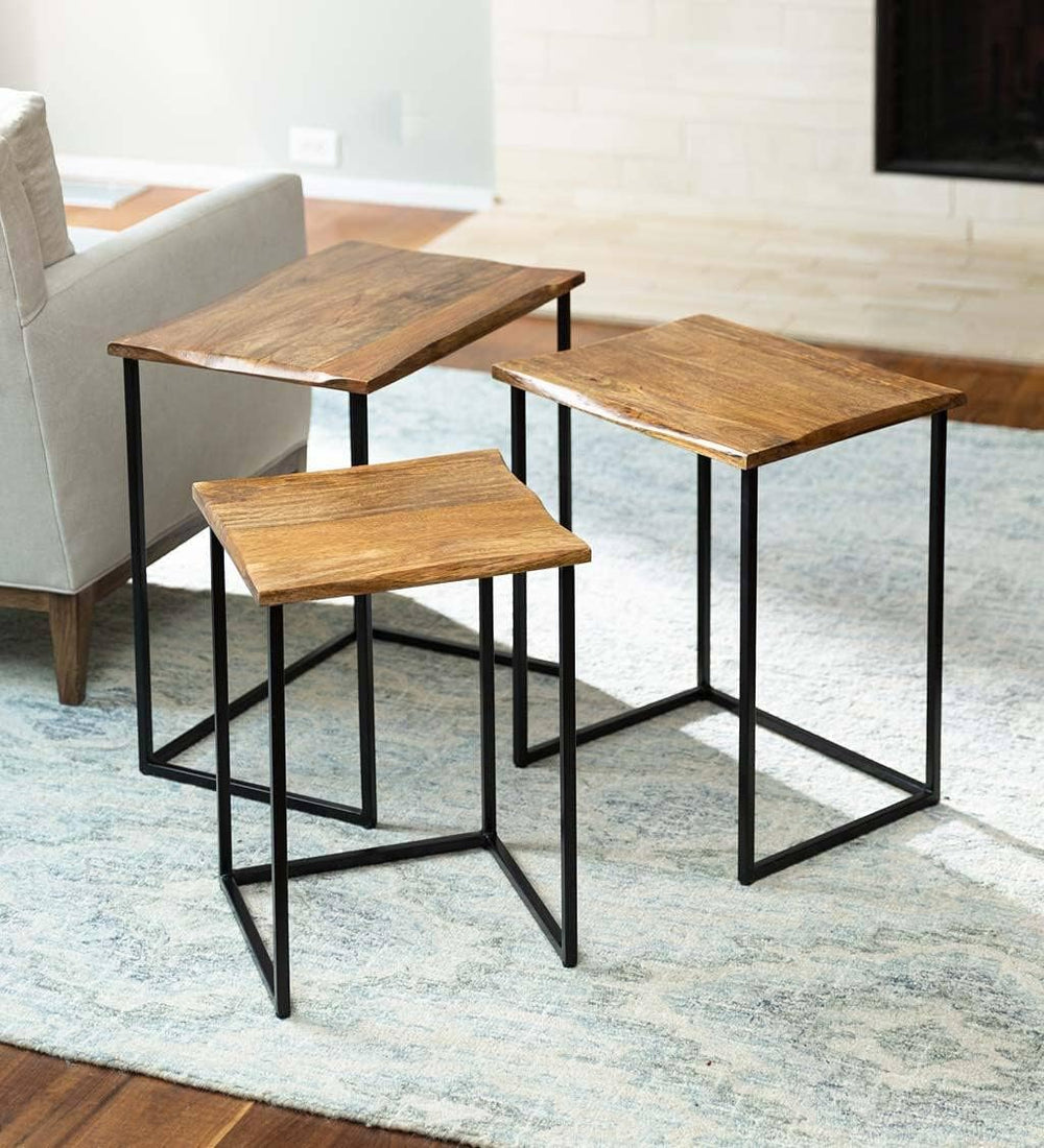 Vivaterra Live-Edge Reclaimed Wood Nesting Tables, Farmhouse Industrial Set o...