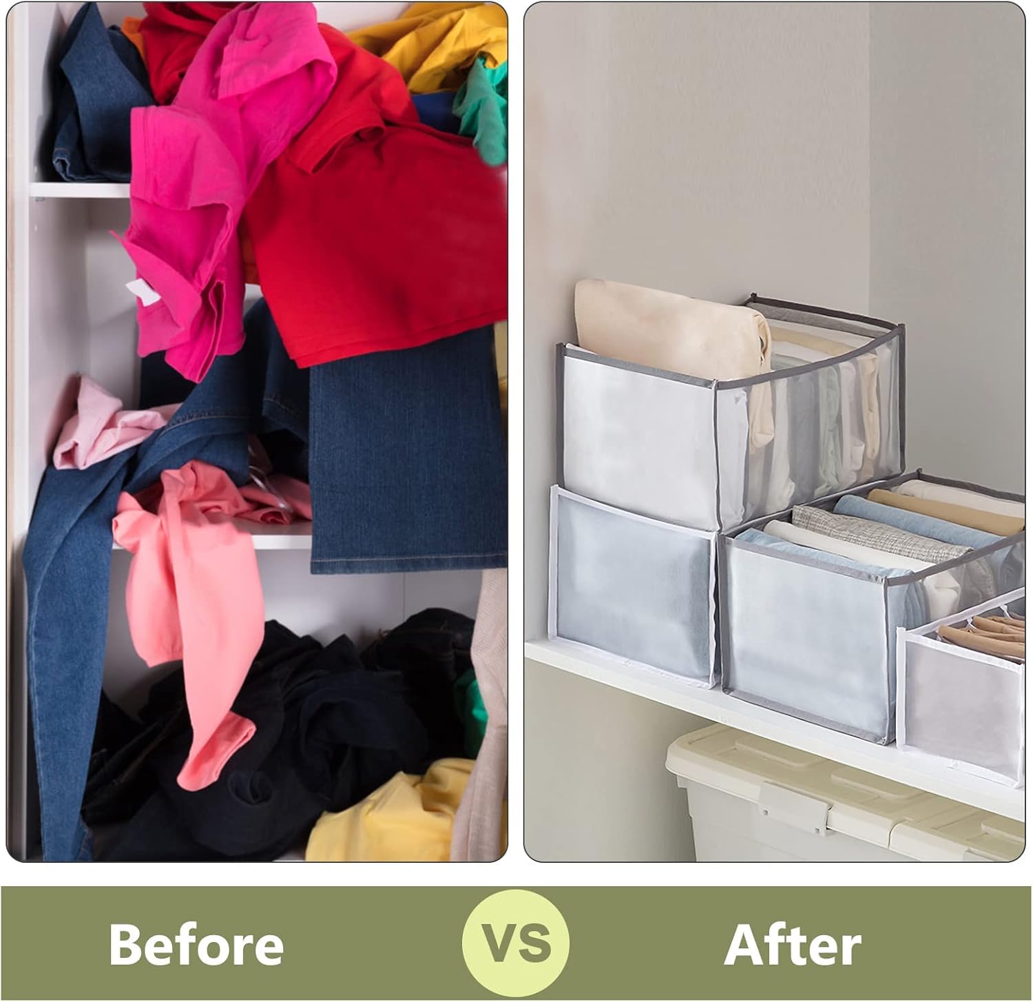 TOOVREN Upgraded Wardrobe Clothes Organizer 2PCS, Drawer Dividers for Clothes, Drawer Organizers for Clothing, Mesh Wardrobe Organizer for Jeans Pants Sweaters T-Shirts Underwear (Gray, Large 9 Grids)