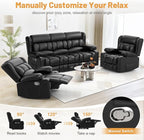 Recliner Sofa Set, Flip Middle Backrest Design PU Leather 3 Seater Reclining Sofa and 2PC Single Recliner Chair, Manual Couches for Living Room (Black, PU 3+1+1)