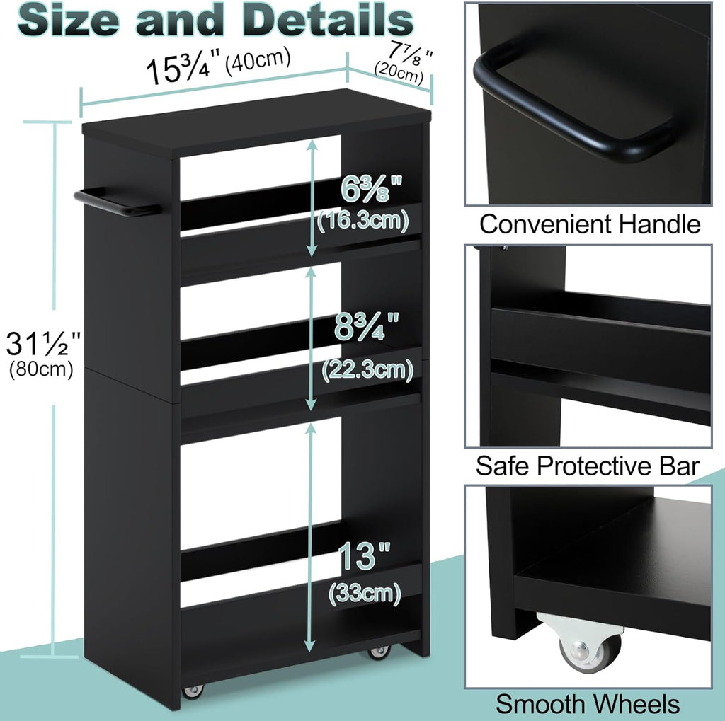MARTY Rolling Storage Cart 7.9" W, 4-Tier Kitchen Cart with Wheels Handle, Slim Storage Cart Mobile Shelving Utility Carts for Bathroom Laundry Room Organization Narrow Places (All Black)