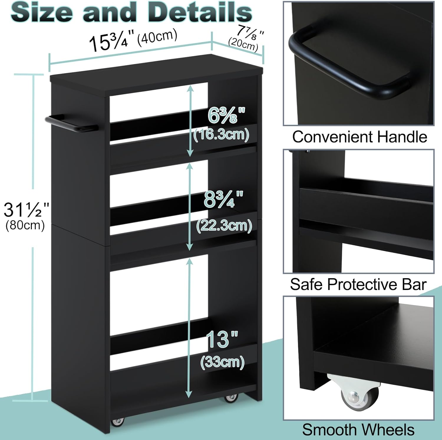 MARTY Rolling Storage Cart 7.9" W, 4-Tier Kitchen Cart with Wheels Handle, Slim Storage Cart Mobile Shelving Utility Carts for Bathroom Laundry Room Organization Narrow Places (All Black)