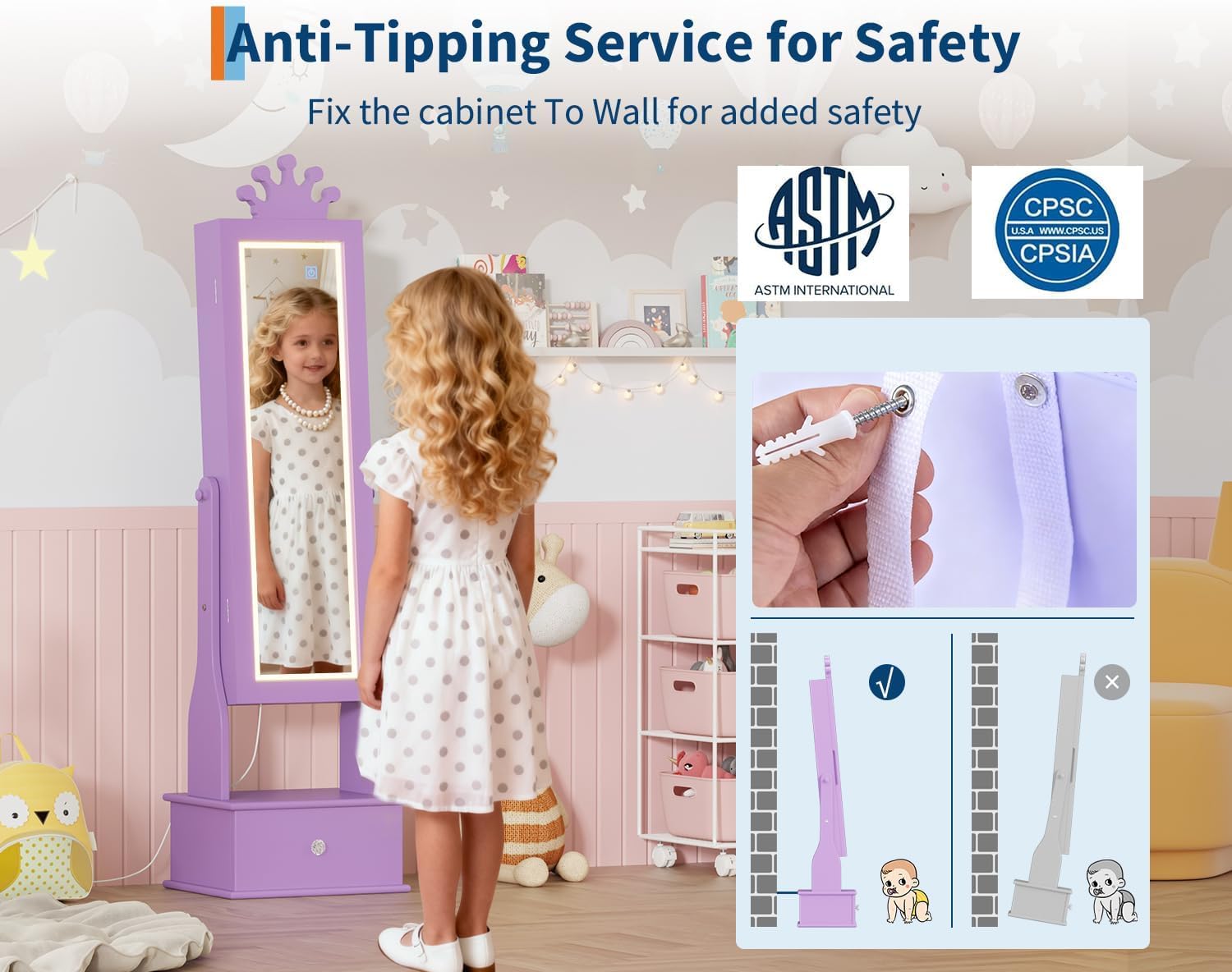 LED Kids Jewelry Armoire Cabinet with Full Length Mirror for Girls, Purple | 3 Color Touch Control Lighting,Anti-Tip Stable Structure,Lockable Cabinet, Freestanding Jewelry Organizer