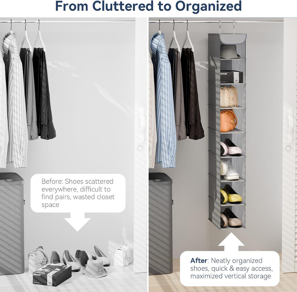 Whitmor Hanging Shoe Organizer, 8 Shelves-Hanging Closet Organizer, Hanging Shoe Rack for Small Closet, Hanging Shelves for Storage Shoes Clothes 11.5" D x 5.5" W x 41" H, Grey