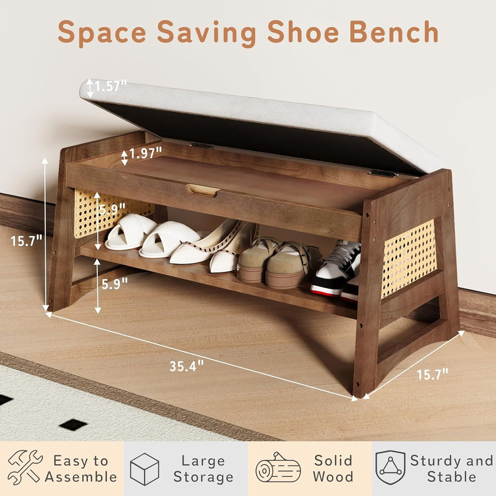 Shoe Rack Bench with Flip-Top Storage, 35.4" W x 15.7" H Solid Wood...