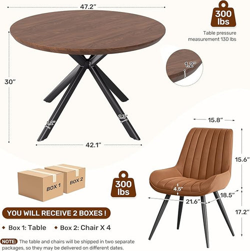 47.2" 5-Piece Round Dining Table Set for 4, Modern Wood Dining Table with 4 Upholstered Chairs, Kitchen & Dining Room Table Set with Metal Base for Apartment, Small Space, Walnut Table+4 Brown Chairs