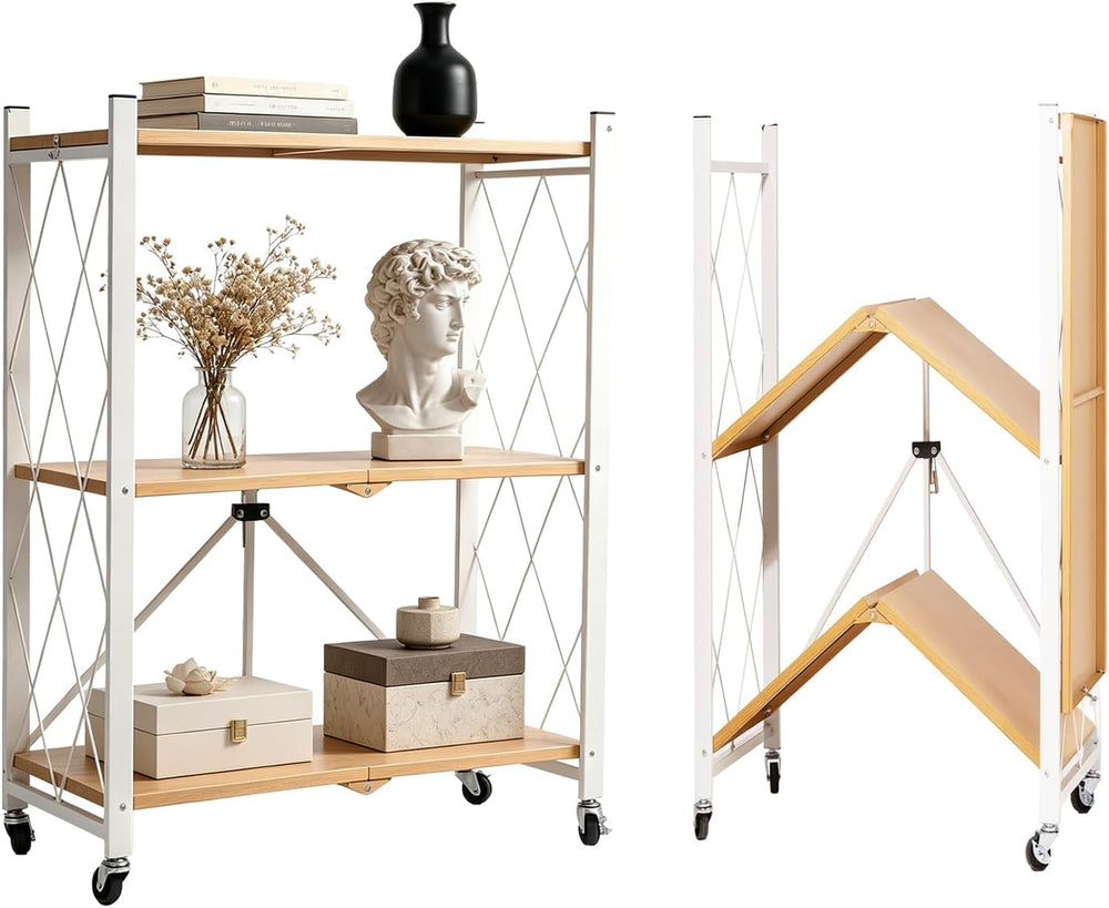 3-Tier Folding Storage Shelves with Wheels – No Assembly, Heavy Duty Collapsi...
