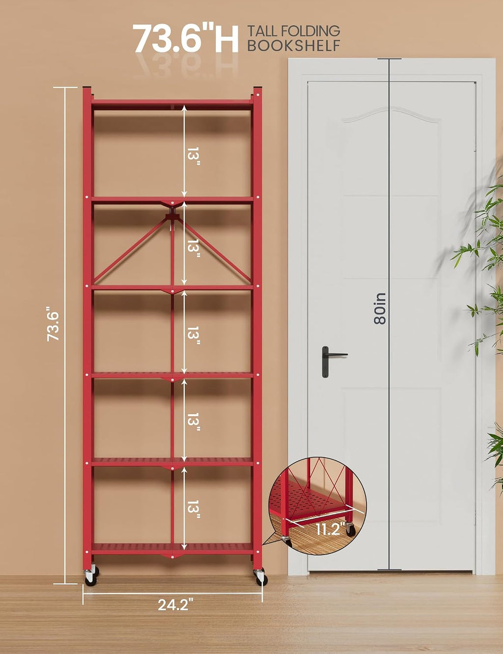 ALANNG 73.6 Inch Folding Bookshelf, 6 Tier Metal Bookcase and Bookshelves | Tall Shelves for Living Room Office Bedroom, Heavy Duty Book Shelve Free Standing Open (Red, 1PACK)