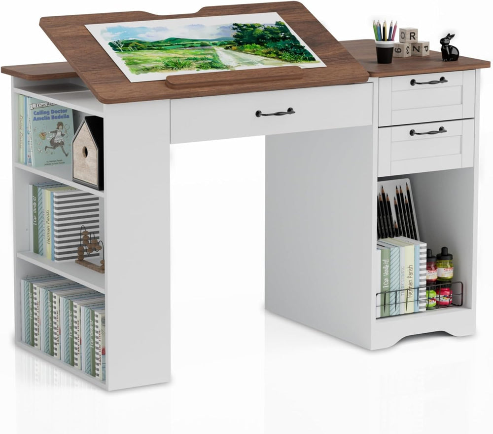 Drafting Table with Storage Cabinet & Drawers, Adjustable Drawing Table w...