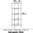 18" Deep x 24" Wide x 74" Height Wire Shelving Kit | 5-Tier | NSF Commercial Storage Rack Unit