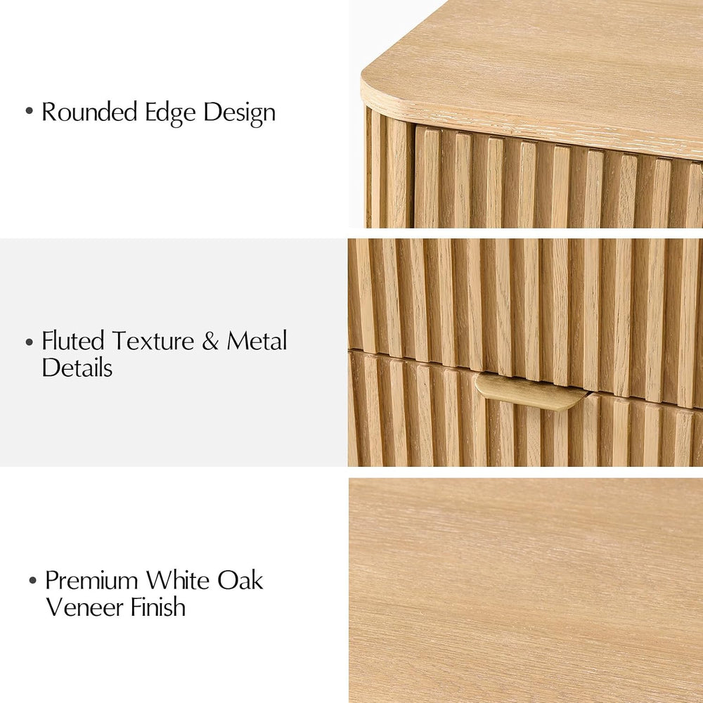 Fluted End Table Set of 2 with 3 Drawers, Solid Wood End Tables with Charging...