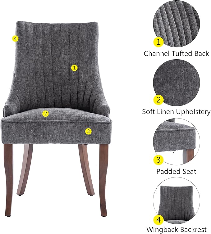 mikibama Linen Dining Chairs Set of 4 Channel Tufted Kitchen Dinner Chair Comfy Fabric Upholstered Accent Chair for Dining Room with Solid Wood Legs (Grey 4pc)