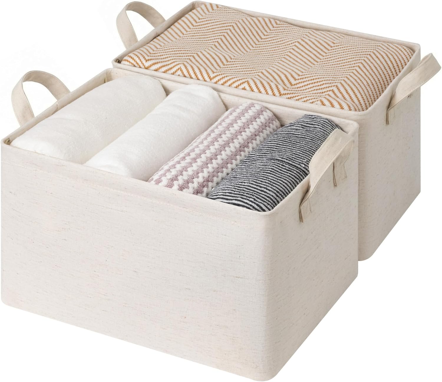 StorageWorks Storage Bins, Shelves Baskets for Organizing, Large Fabric Closet Organizers with Handles, Metal Frame, Beige（Cotton-linen）, 2-Pack