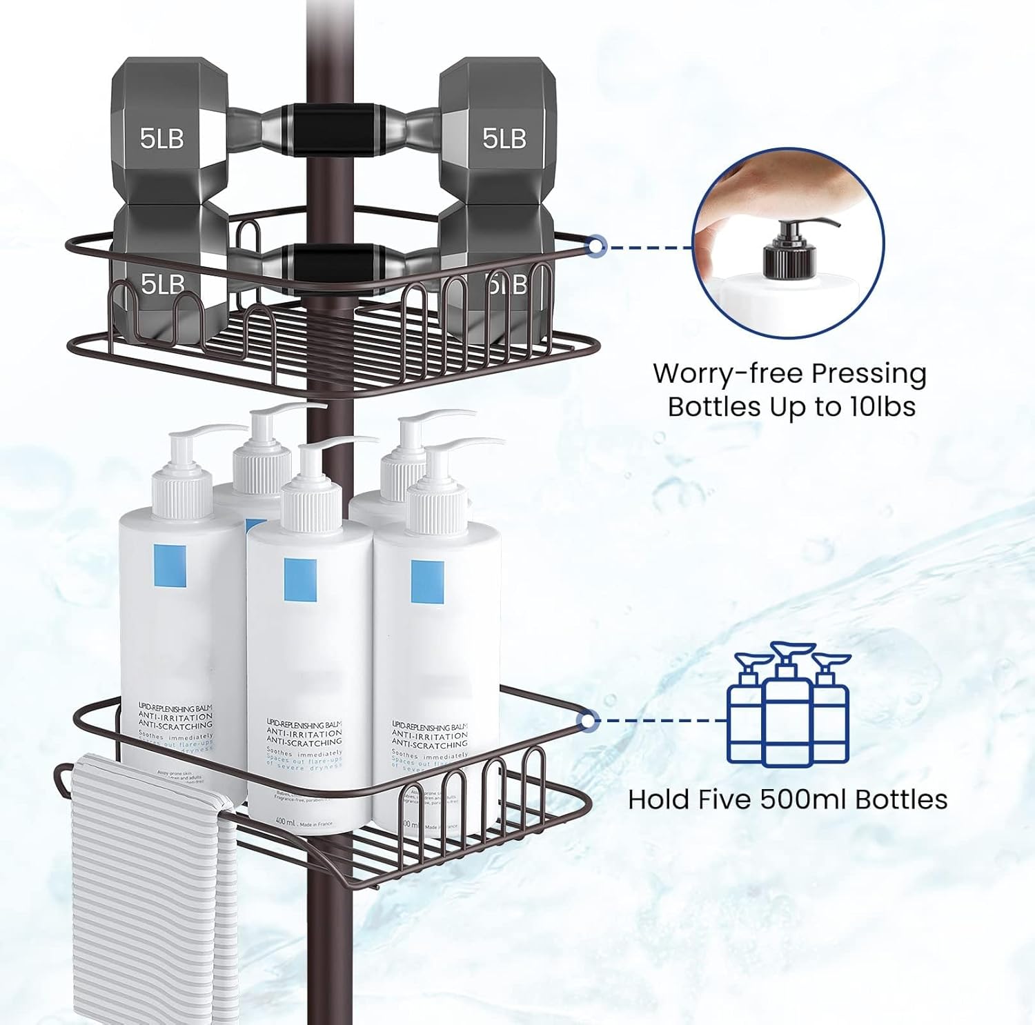 SEIRIONE Rustproof Shower Caddy Corner and Shower Organizer Corner for Bathroom,Corner Shower Caddy Tension Pole with 4 Adjustable Baskets for Shower Accessories, 34 to 116 Inch Height, Oil Bronze
