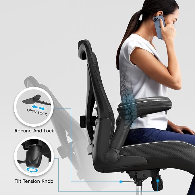 Ergonomic Office Chair-Computer PU Leather X-Shaped Desk Chair-Gaming Chair with Adjustable Flip-up Armrests Lumbar Support Mesh Executive Chair for Long Hours Office (Black)
